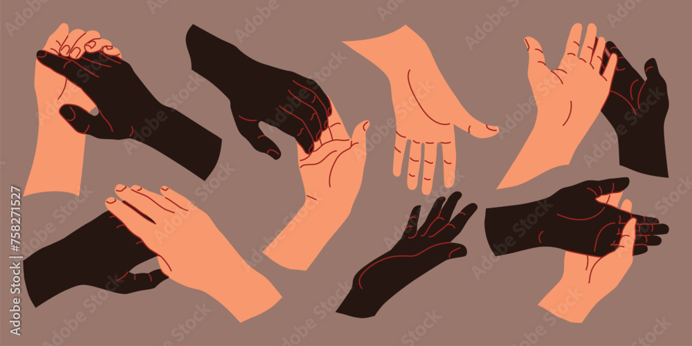 Fototapeta premium Black and white peoples hands - set of handshake gestures. Vector set in flat style.