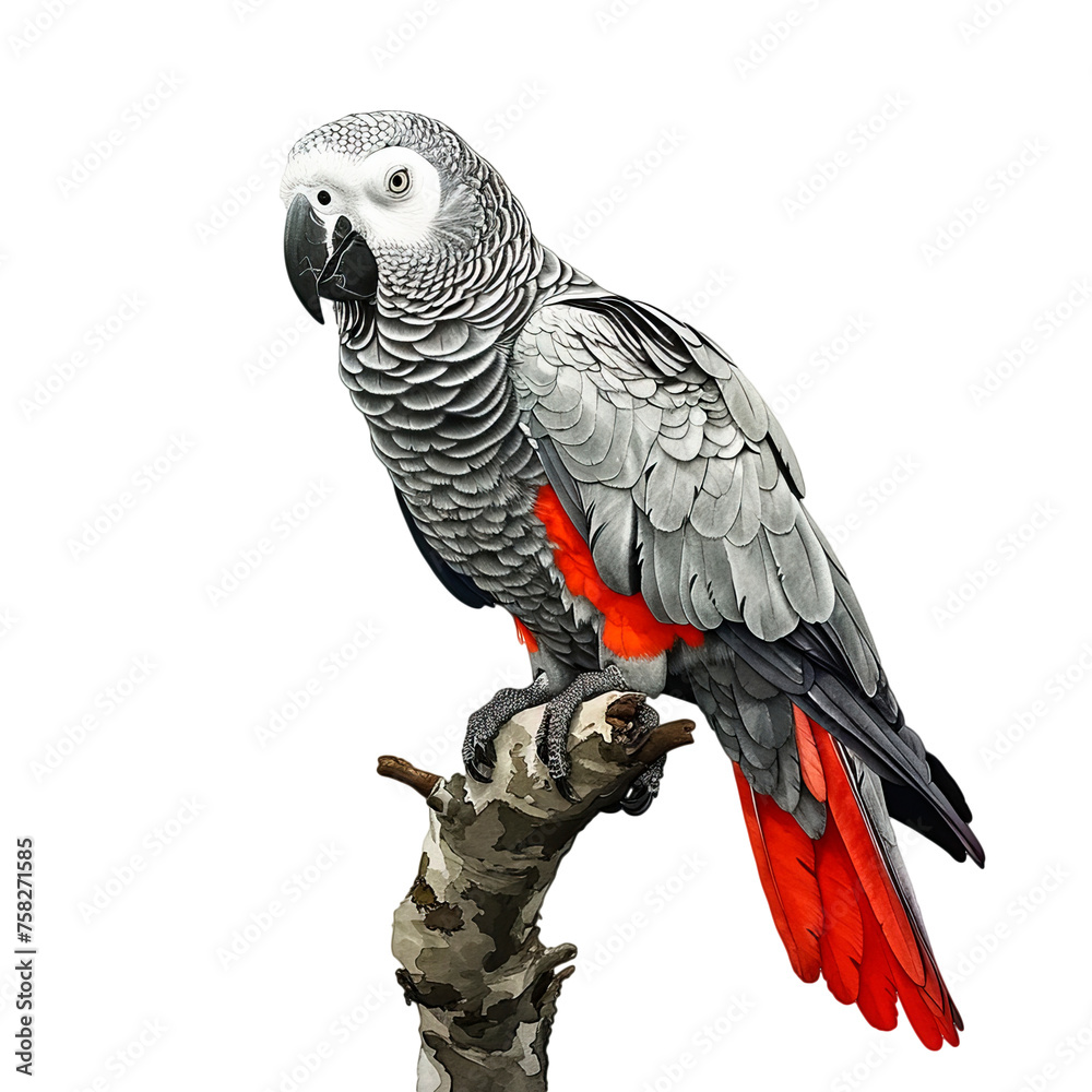 Fototapeta premium African Grey Parrot Perched on Top of Tree Branch - Transparent background, Cut out