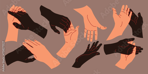 Black and white peoples hands - set of handshake gestures. Vector set in flat style.