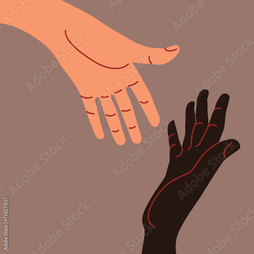 Black and white peoples hands - handshake gesture. Vector illustration in flat style. © ola_tarakanova