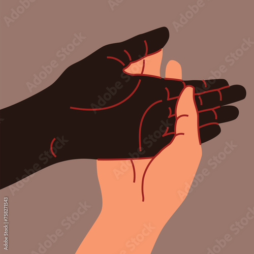 Black and white peoples hands - handshake gesture. Vector illustration in flat style. © ola_tarakanova