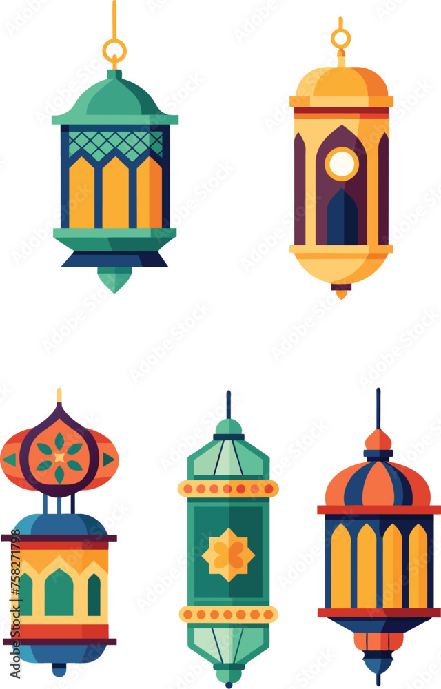 Intricately Designed Set of 5 Arabic Ramadan Lanterns Vector: Stylish Cultural Symbols