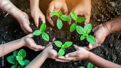 Several hands of different sizes and skin tones are holding and nurturing young green plants in soil, symbolizing growth, care, and environmental education.
