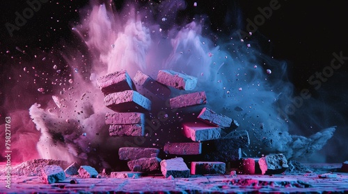 painting of realistic neon red and blue brick wall crumbling apart. bricks on the ground and dust. black background pink and blue colors