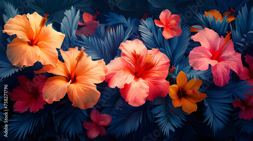 Striking digital art piece of vivid hibiscus flowers with a dark tropical foliage backdrop emphasizing the flora's beauty