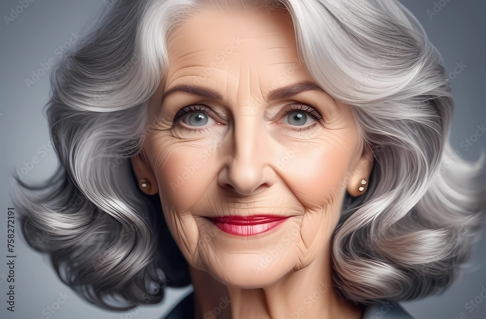 The face of a beautiful elderly woman with gray hair in close-up The face of a beautiful elderly woman with gray hair in close-up