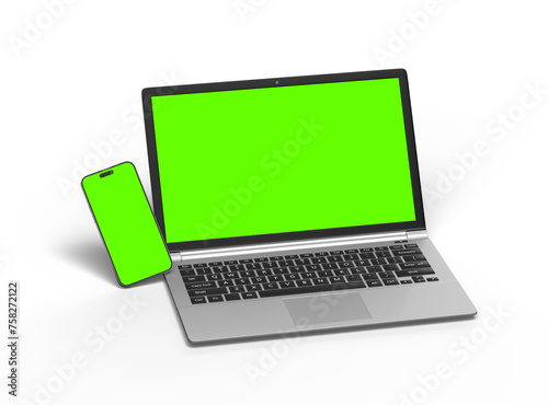 3D Render of laptop and phone with green screen on a light background