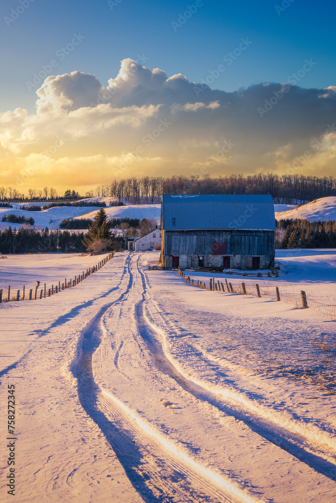 Sunset at a farm on a winter day
