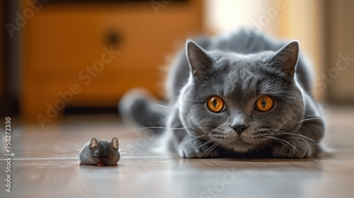 Happy grey British cat watches to mouse, face of cute funny pet hunting in room. Concept of humor, food, pounce photo