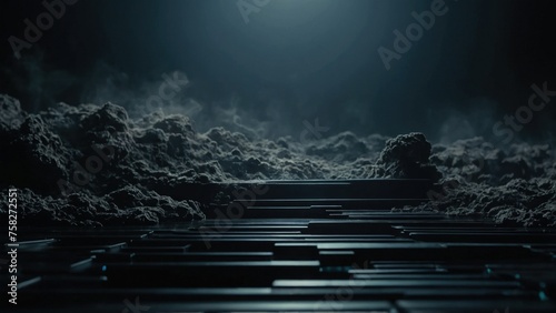 Noir Mist Abstract 3D Background Featuring a Black Palette with Ethereal Fog and Subtle Light Effects, Creating an Enigmatic Atmosphere