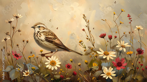 A detailed painting of a sparrow perched on a branch, set against a backdrop of colorful wildflowers