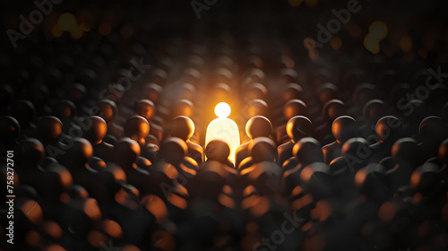 illustration of illuminated individual among the common crowd, the different, concept of uniqueness, lighting