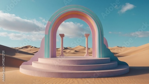 Pastel Dreamscape 3D Render of an Abstract Surreal Landscape Background with Arches and Podium for Product Display, Offering a Panoramic View of Colorful Dunes Against a Blue Sky with Clouds, Featurin