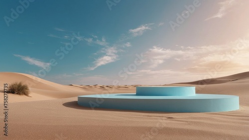 Pastel Dreamscape 3D Render of an Abstract Surreal Landscape Background with Arches and Podium for Product Display, Offering a Panoramic View of Colorful Dunes Against a Blue Sky with Clouds, Featurin © Oleks Stock