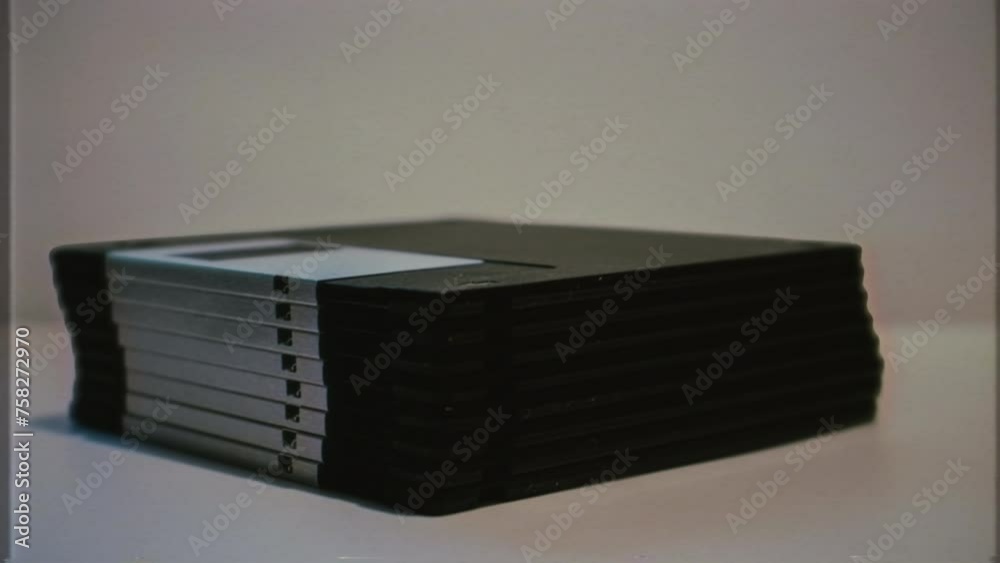 Retro Computer Diskettes Pile Vintage Technology Old VHS Effect Zoom In ...