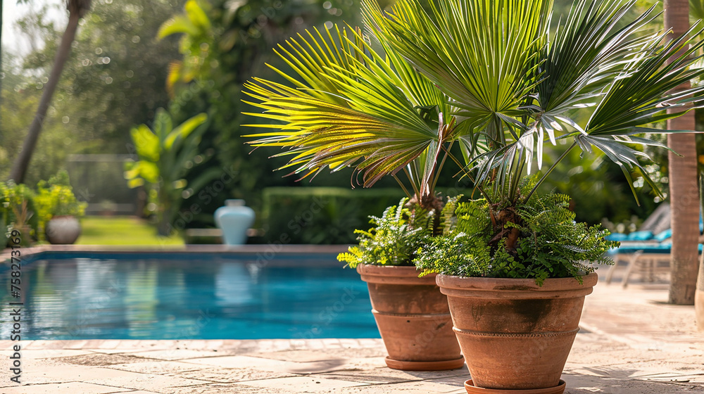 Fototapeta premium jardim com vasos de barro e palmeiras phenix perto de piscina 