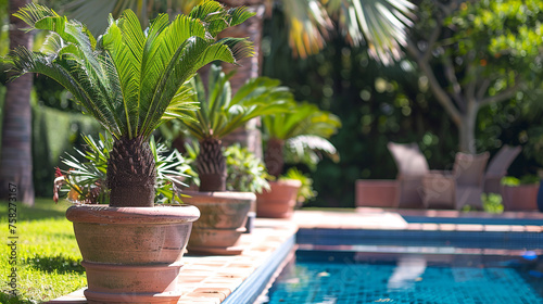 jardim com vasos de barro e palmeiras phenix  perto de piscina  photo