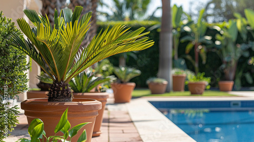 jardim com vasos de barro e palmeiras phenix perto de piscina 