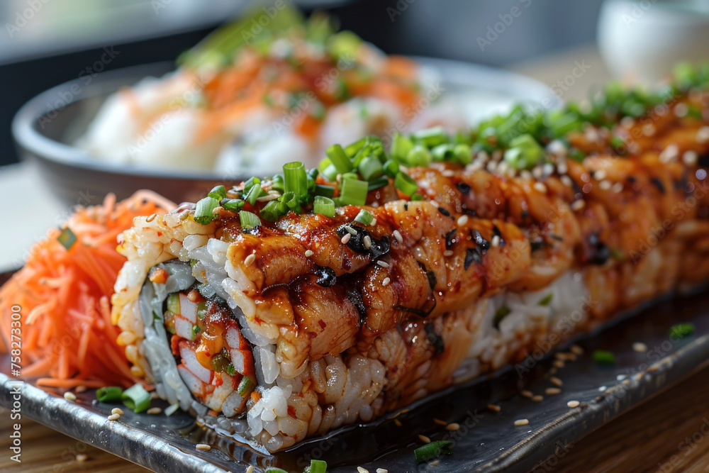 Sushi Burrito - combines elements of sushi and burrito in one dish and is a large roll of sushi that is eaten like a burrito. Sushi Burrito - combines elements of sushi and burrito in one dish and is a large roll of sushi that is eaten like a burrito.