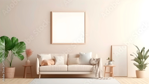 Frame mockup without picture in contemporary minimalist bright room interior  generated AI 