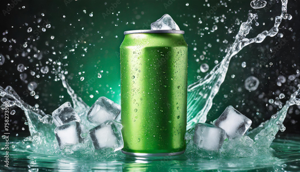 Green aluminum can mockup with dynamic water splash and ice cubes. Beer or soda drink package.