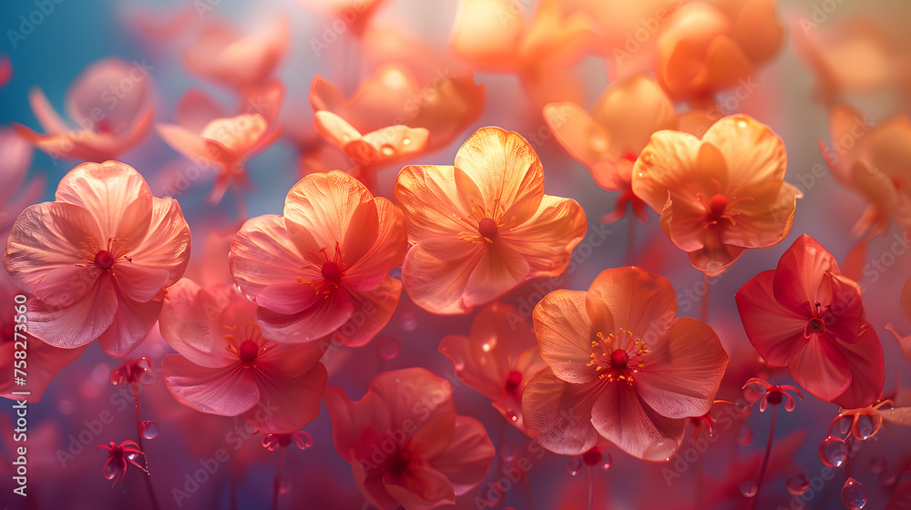 The image captures the intricate details of dewy red-orange hibiscus flowers bathed in soft, warm light
