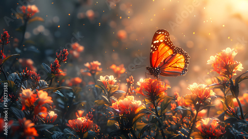 An enchanting scene of a Monarch butterfly perched on a bush with fiery orange blooms sparkling in the sunlight