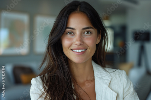 Beautiful happy woman smiling portrait with brunette darkhair elegant make up style business office