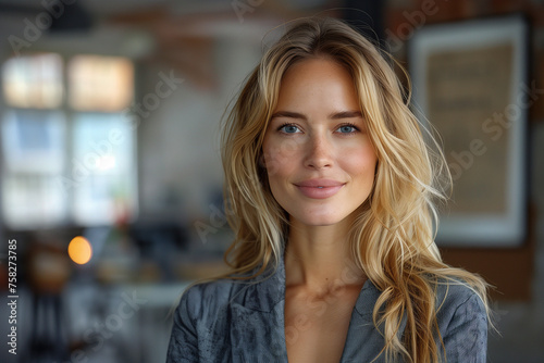 Beautiful young woman smiling portrait with blond hair elegant make up style business office