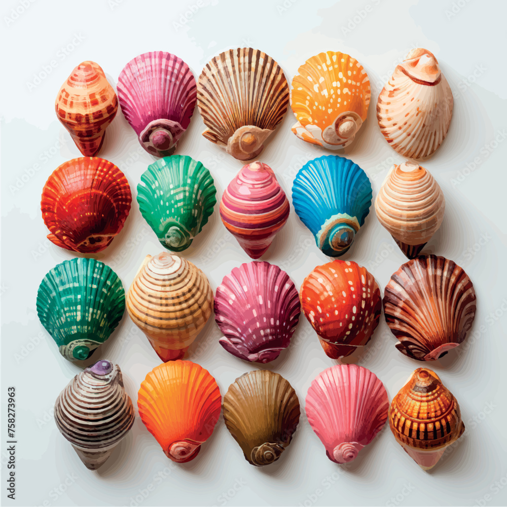 Stylized colorful seashells drawing pattern illustration. Art paints seashells ornament, shell print for printing on paper or fabric. Royal shell drawing. Sea pattern from cartoon seashells.