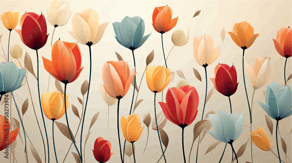Fototapeta premium Ornament of tulips in pastel colors, a simple drawing with paints for printing on fabric or paper. Colorful stylized tulips pattern, wallpaper, texture, art. Spring tulips wallpaper design.