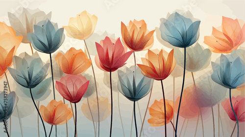Ornament of tulips in pastel colors  a simple drawing with paints for printing on fabric or paper. Colorful stylized tulips pattern  wallpaper  texture  art. Spring tulips wallpaper design.