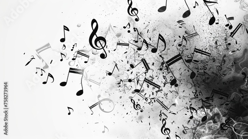 black music notes on white background, copy space, 16:9