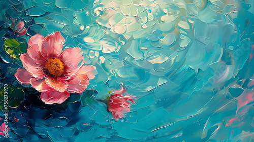 A stunning oil painting featuring vibrant pink blooms on a textured  turquoise canvas