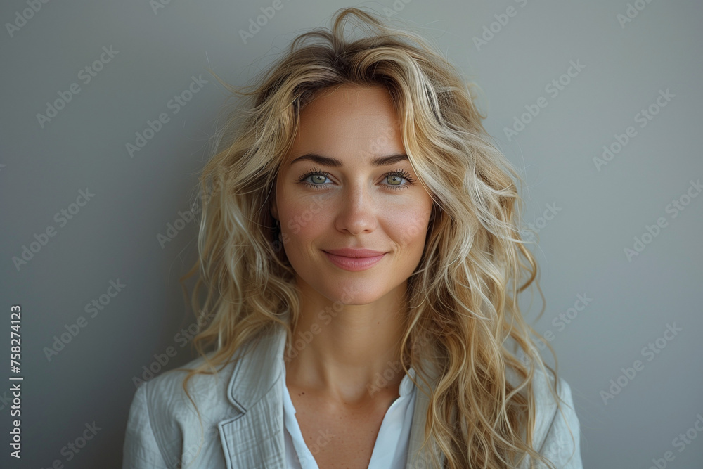Fototapeta premium Beautiful woman smiling portrait with blond hair elegant make up style business office