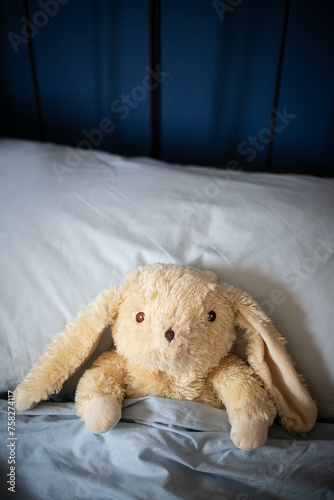 Bunny plush toy, laying under covers in parents' bed with blue blankets and soft day light. Central view, high copy space, vertical shot.