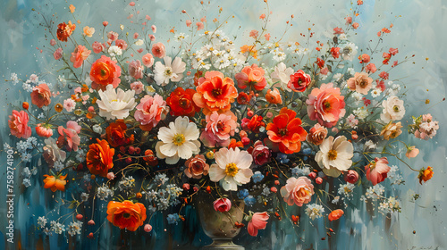 A vivid painting depicting a lush assortment of flowers in full bloom, set against a soft blue backdrop
