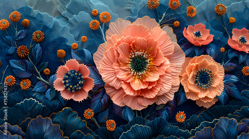 A beautiful composition highlighting large orange flowers with intricate details on a blue leafy background - obrazy, fototapety, plakaty 