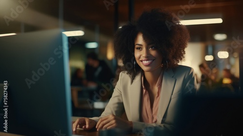 Serious, focused young beautiful African American woman with glasses, dressed in brown blouse and business suit, sits at her desk in front of computer monitor in office and prints text from document