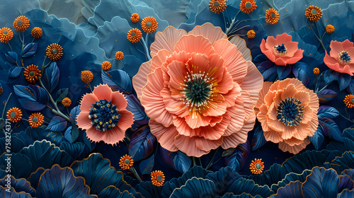 A beautiful composition highlighting large orange flowers with intricate details on a blue leafy background