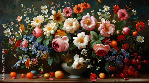 Richly detailed classical style painting of assorted flowers in a vase, vibrant, with a dark background