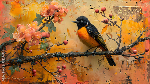 A bright orange bird perched on a branch, contrasting with a rich golden textured backdrop featuring blossoms