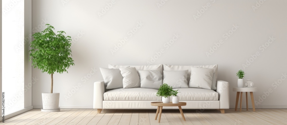 White scandinavian living room interior with sofa, plant in vase on wooden floor, frames on large wall, and landscape in window. Nordc interior design. White scandinavian living room interior with sofa, plant in vase on wooden floor, frames on large wall, and landscape in window. Nordc interior design.