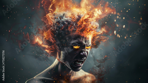 furious man screaming with head on fire, extreme rage
