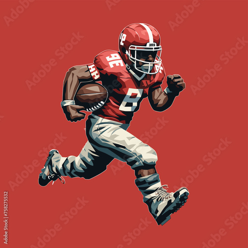 American football player running with ball on red background. Vector illustration.