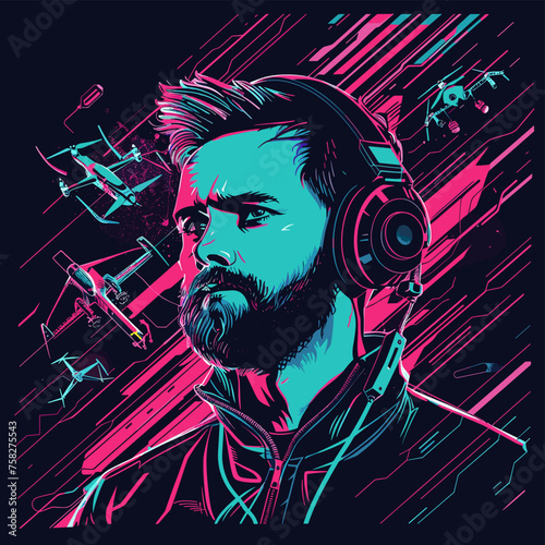 A hipster man wearing headphones against the background of flying drones. Vector illustration in retro style.