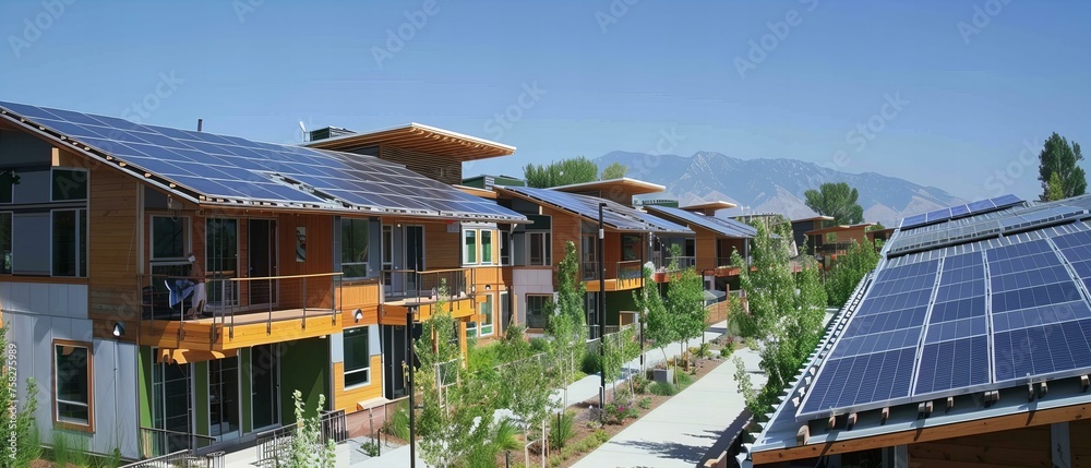 An eco-friendly home with solar panels, a green roof, and a rainwater collection system in a suburban setting An eco-friendly home with solar panels, a green roof, and a rainwater collection system in a suburban setting