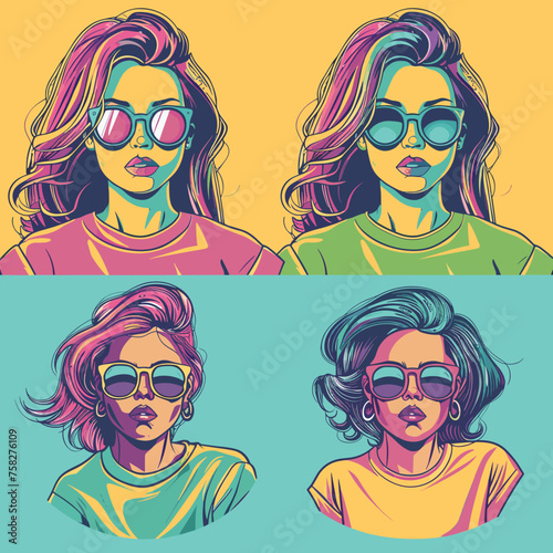 Beautiful fashion girls in sunglasses. Vector illustration in retro style.