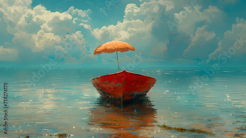 A solitary red boat with a single umbrella floats on a tranquil sea under a vast sky  creating a meditative and thoughtful scene