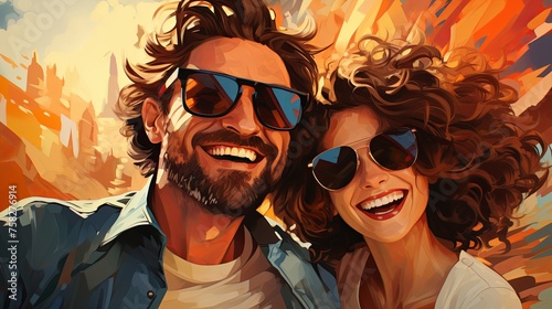 Smiling couple taking selfie with smartphone on beach summer. Holidays  vacation  travel and people concept. young happy couple in love newlyweds traveling on vacation taking selfie  Generative AI
